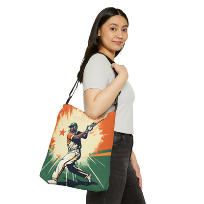 India Cricket Star: Batsman With Willow Bat, National Flag Style - Sport Game - Adjustable Tote Bag (AOP)