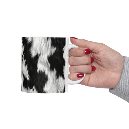 Piel de vaca sobre cuero de pelo - Blanco y negro - Estilo de diseñador - Taza de cerámica 11oz 