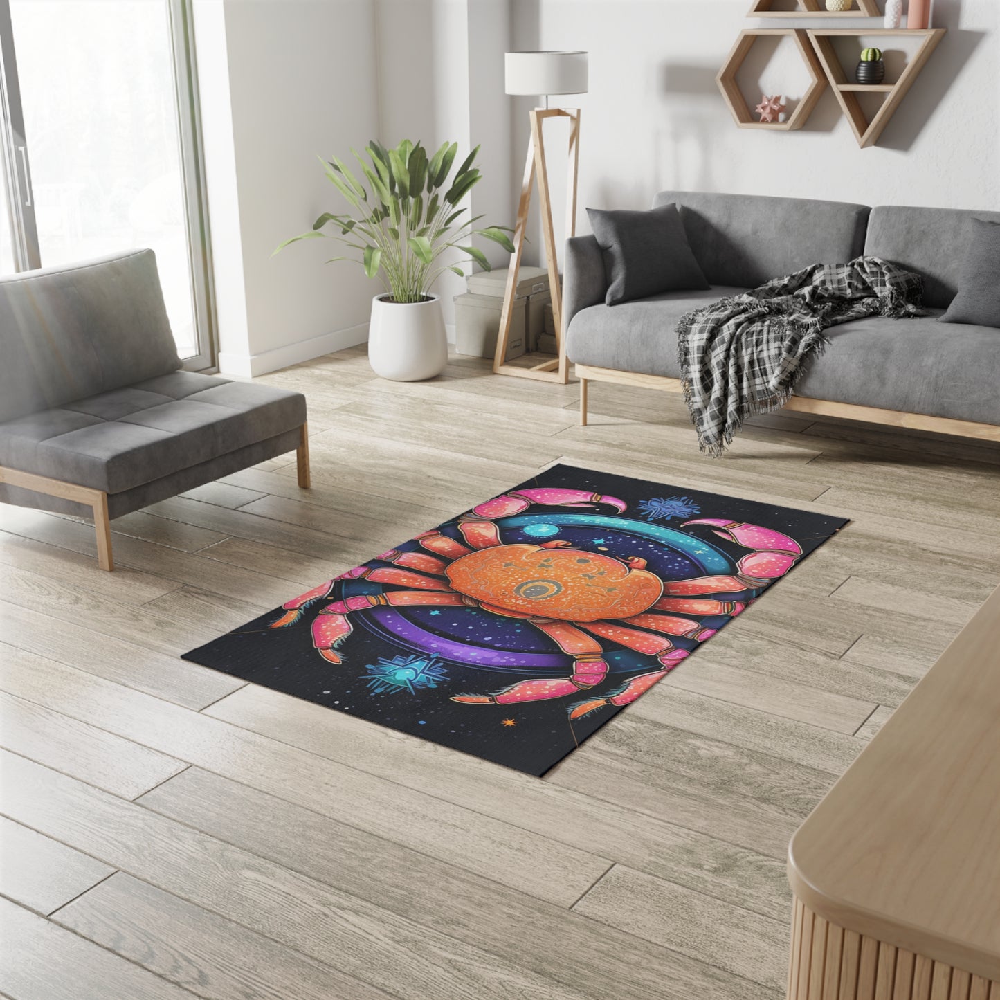 Rainbow Celestial Crab - Vibrant Cancer Zodiac Sign Art - Dobby Rug