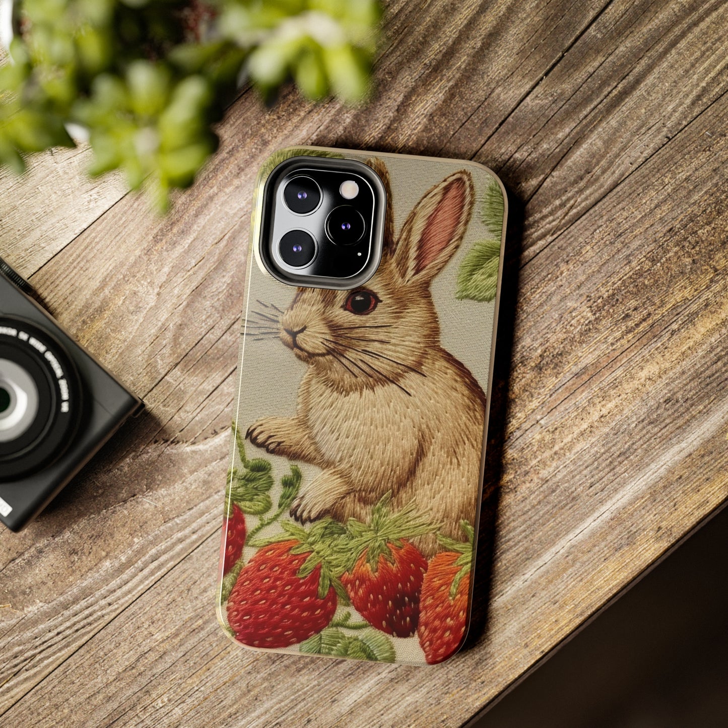 Strawberry Bunny Rabit - Embroidery Style - Strawberries Fruit Munchies - Easter Gift - Tough Phone Cases