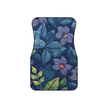 Floral Embroidery Blue: Denim-Inspired, Artisan-Crafted Flower Design - Car Mats (Set of 4)