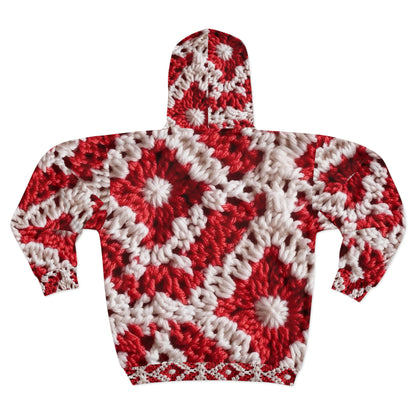 Warm Winter Red & White Crochet Knit: Cinematic Chic Texture Design - Unisex Zip Hoodie (AOP)