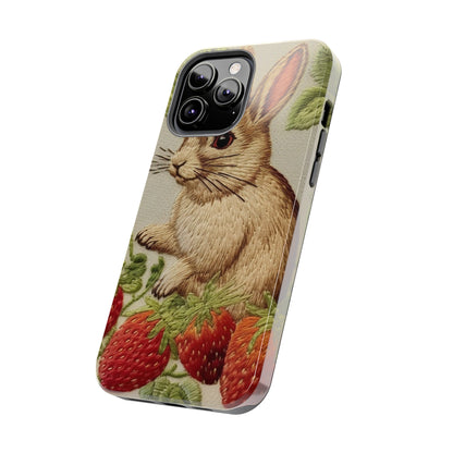 Strawberry Bunny Rabit - Embroidery Style - Strawberries Fruit Munchies - Easter Gift - Tough Phone Cases