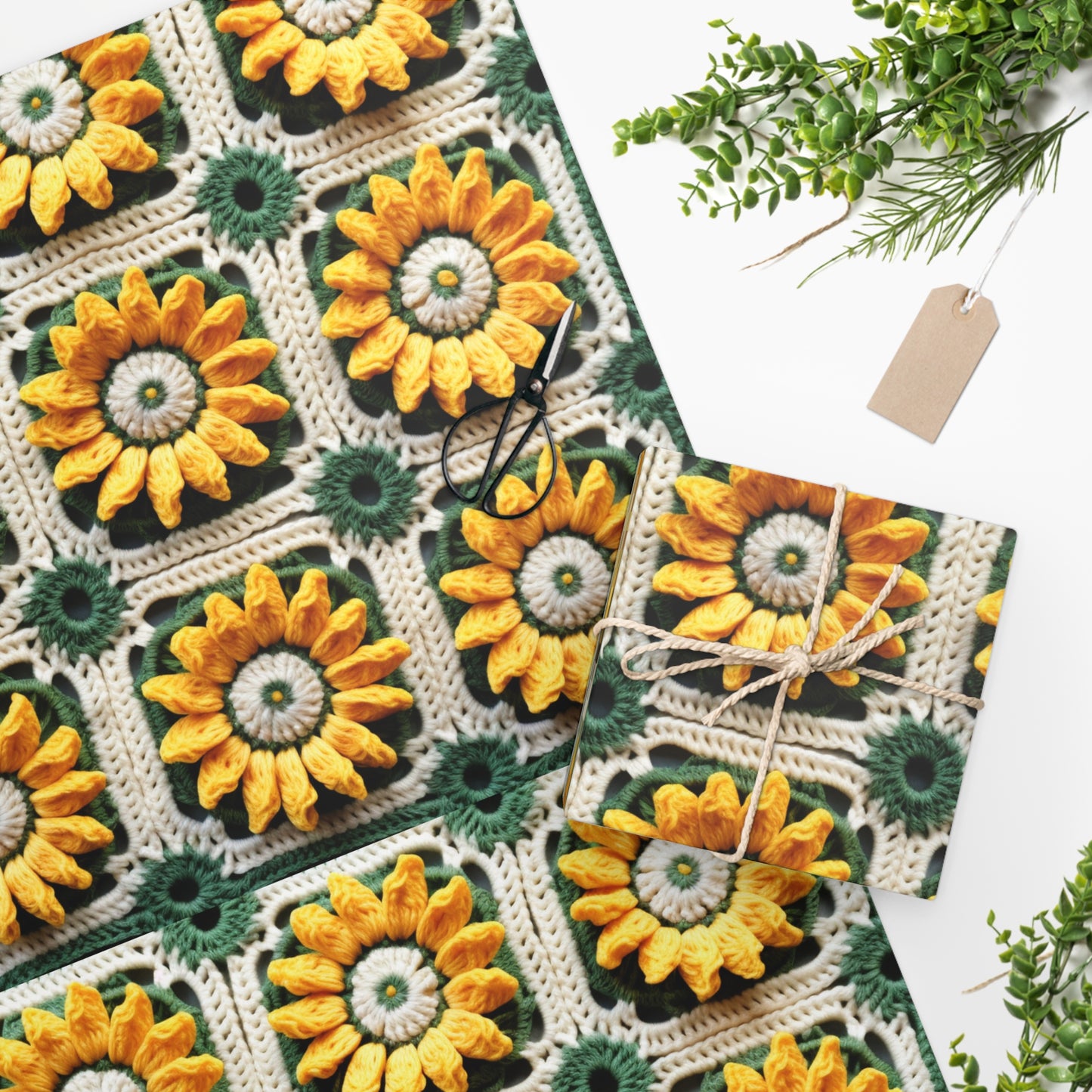 Sunflower Crochet Elegance, Granny Square Design, Radiant Floral Motif. Bring the Warmth of Sunflowers to Your Space - Wrapping Paper