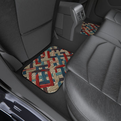 Colorful Yarn Knot: Denim-Inspired Fabric in Red, White, Light Blue - Car Mats (Set of 4)