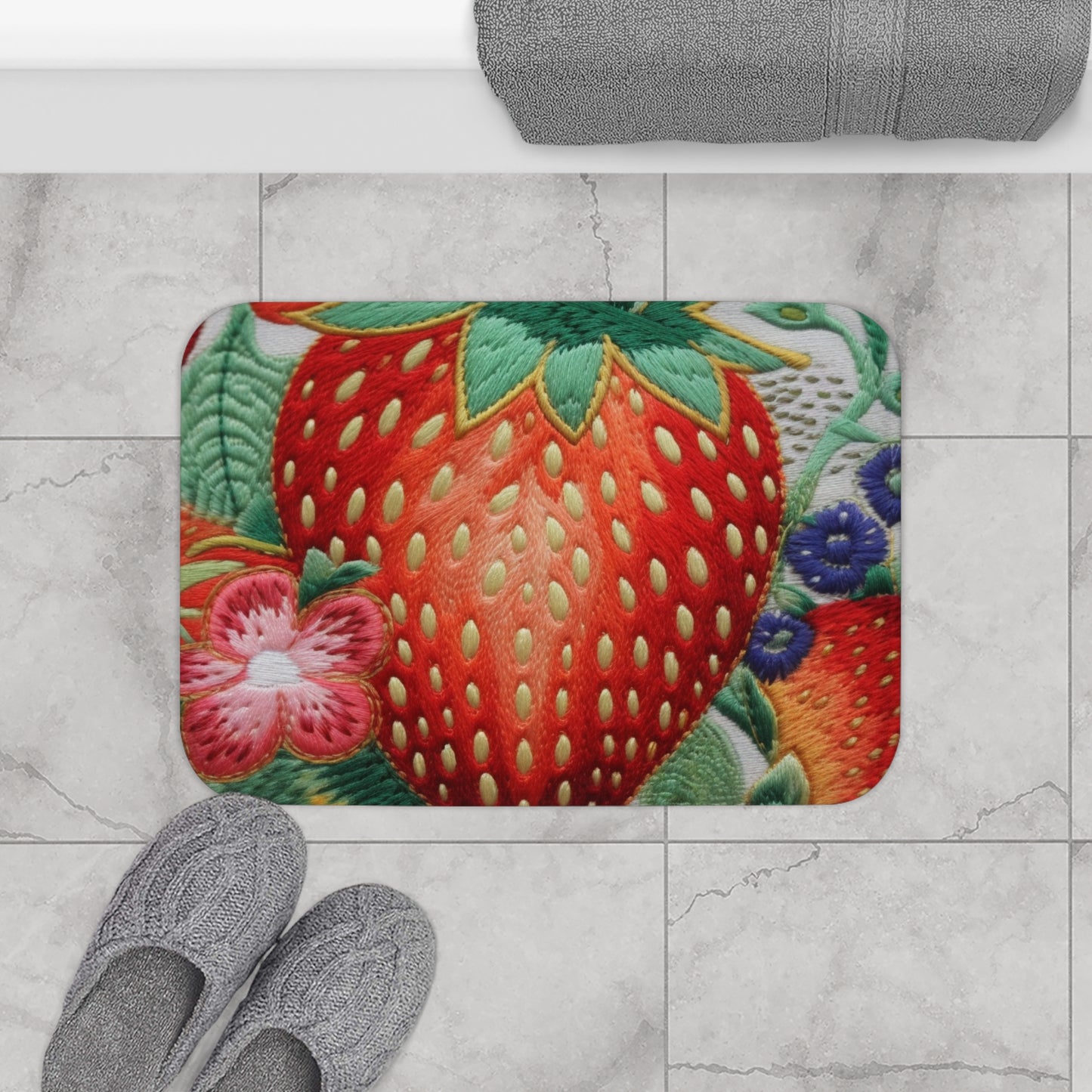 Berry Delight: Sun-Kissed Strawberries Fields Meet Embroidered Style Strawberry Patterns - Bath Mat