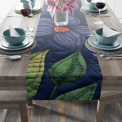 Floral Embroidery Blue: Denim-Inspired, Artisan-Crafted Flower Design - Table Runner (Cotton, Poly)