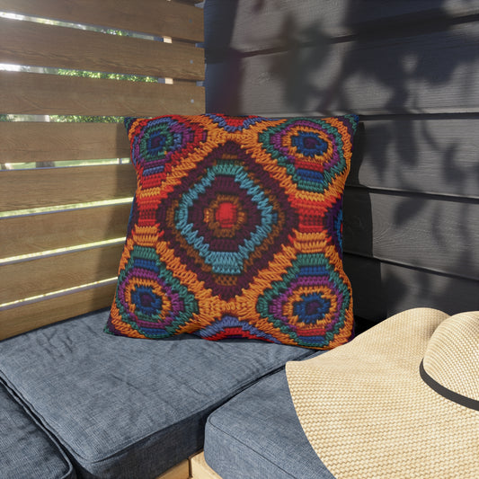 African Heritage Crochet, Vibrant Multicolored Design, Ethnic Craftwork - Outdoor Pillows