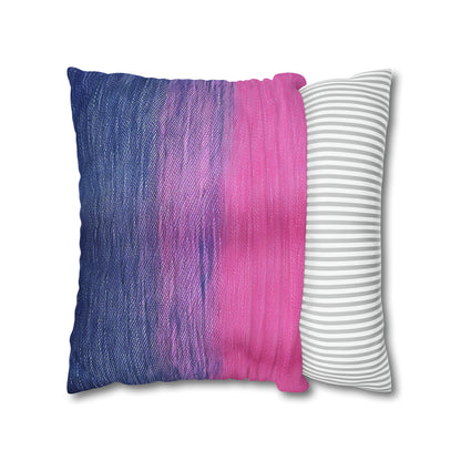 Delicia dual: Ensueño de mezclilla azul y rosa mitad y mitad - Funda de almohada cuadrada de poliéster hilado 