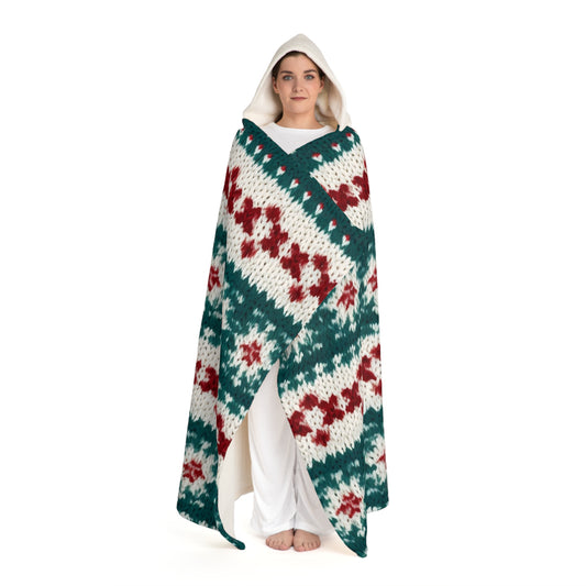 Christmas Knit Crochet Holiday, Festive Yuletide Pattern, Winter Season - Hooded Sherpa Fleece Blanket