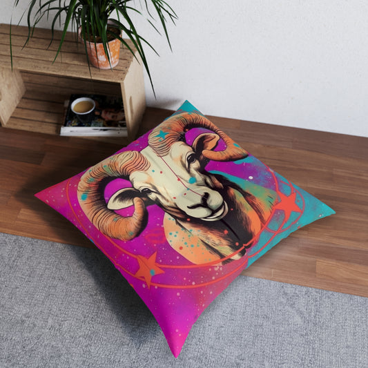 Pop Art Aries Constellation - Vibrant Zodiac Ram Symbol - Tufted Floor Pillow, Square