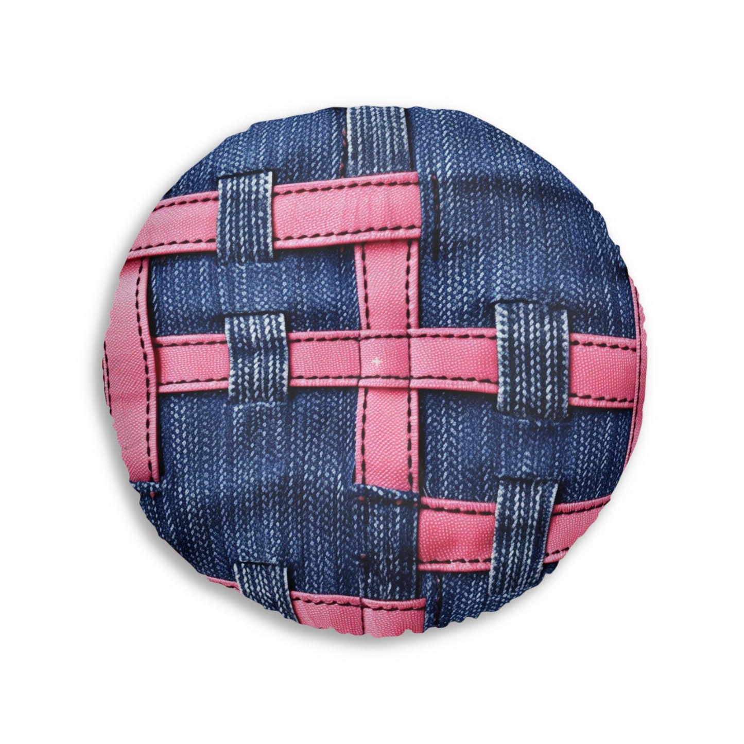 Candy-Striped Crossover: Pink Denim Ribbons Dancing on Blue Stage - Tufted Floor Pillow, Round