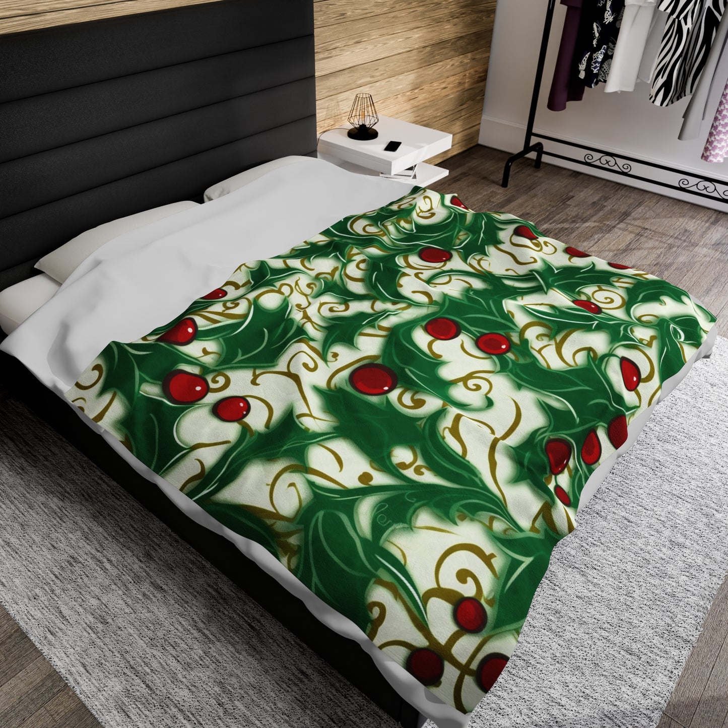 Holiday Elegance: Christmas Holly Swirls Design - Velveteen Plush Blanket