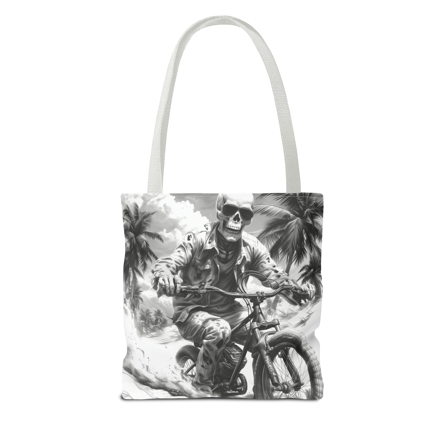 Biker Skeleton Wearing Sunglasses, Riding Sunset Boulevard in California Motorcycle, Tote Bag (AOP)