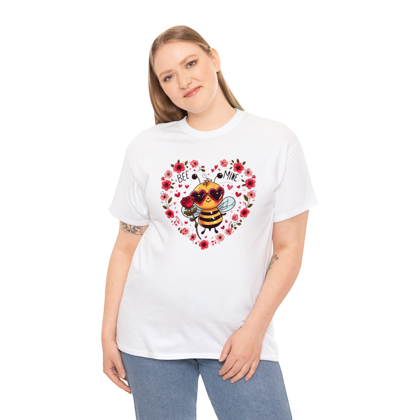 Whimsical Bee Love: Heartfelt Valentines Design with Floral Accents and Heart Sunglasses - Unisex Heavy Cotton Tee