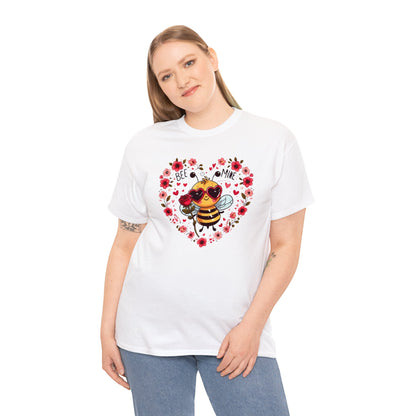 Whimsical Bee Love: Heartfelt Valentines Design with Floral Accents and Heart Sunglasses - Unisex Heavy Cotton Tee