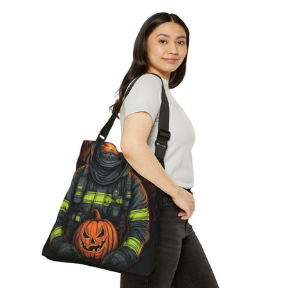 Firefighter Spooky Alert: Facing Haunted Halloween Spirits Scary Fire Pumpkin - Adjustable Tote Bag (AOP)