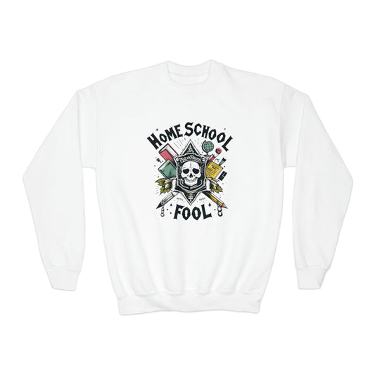 Home School Fool - Academic Skull Crest with Books and Globe, Educational Emblem, Scholarly Gothic - Youth Crewneck Sweatshirt