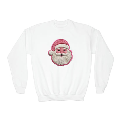 Youth Festive Pink Santa Christmas Patch Embroidered Crew Neck