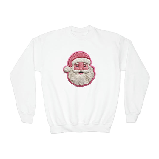 Youth Festive Pink Santa Christmas Patch Embroidered Crew Neck