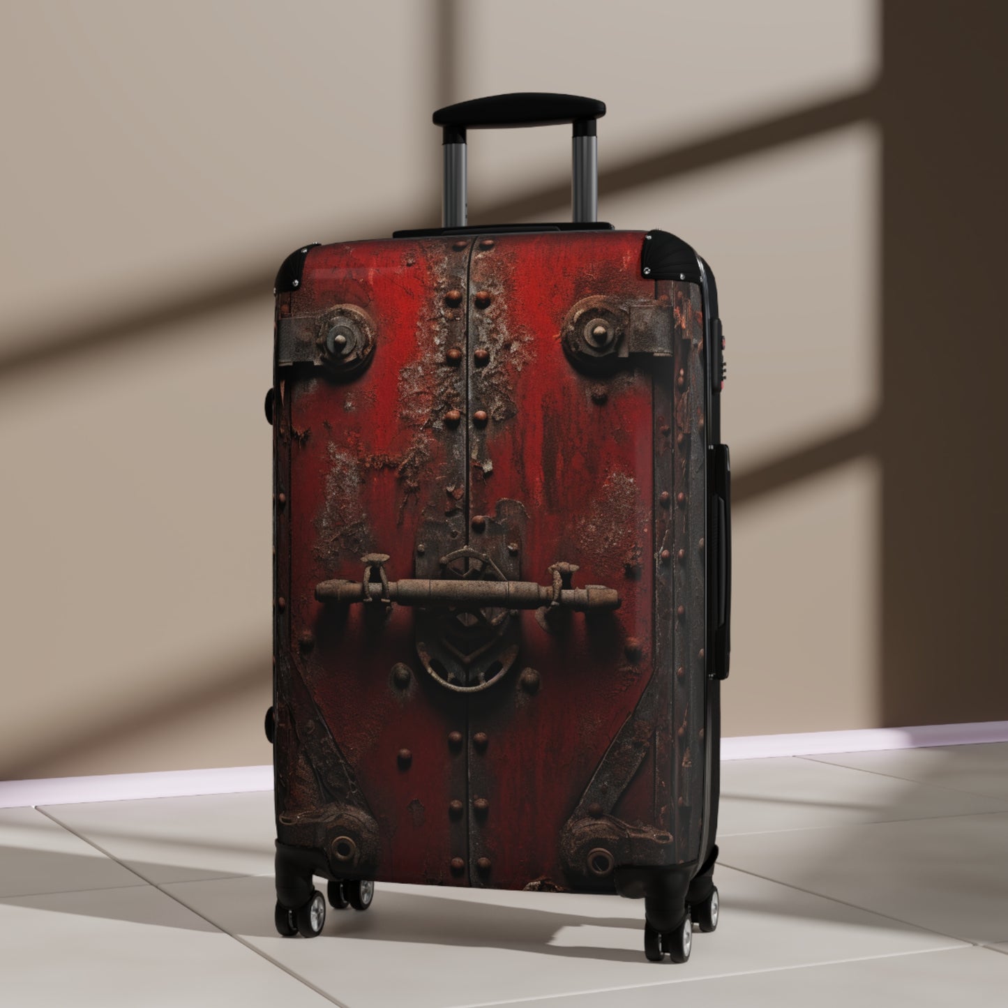 Crimson Ironwork Door, Textured Rustic Metal with Classic Bolt Lock, Historical - Suitcase