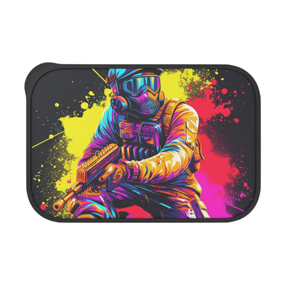 Paintball Action Sport: Player in Battle, Paint Splatter - PLA Bento Box with Band and Utensils