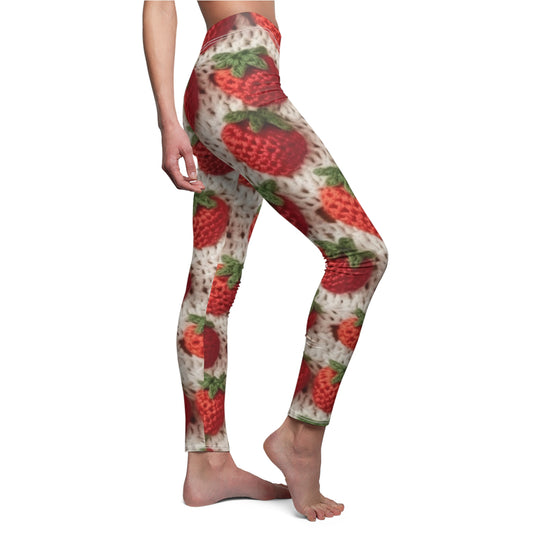 Strawberry Traditional Japanese, Crochet Craft, Fruit Design, Red Berry Pattern - Women's Cut & Sew Casual Leggings (AOP)
