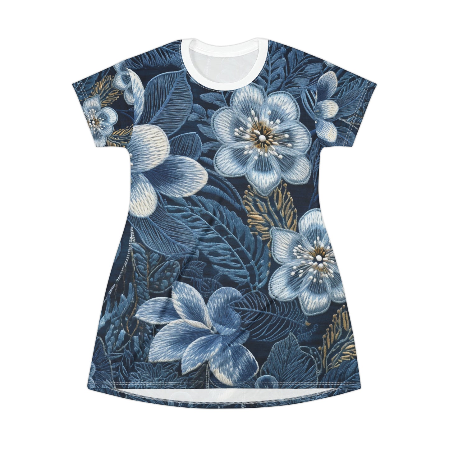 Flower Blossom Embroidery Floral on Denim Style - T-Shirt Dress (AOP)