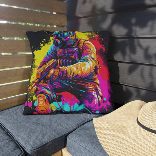 Paintball Action Sport: Player in Battle, Paint Splatter - Outdoor Pillows