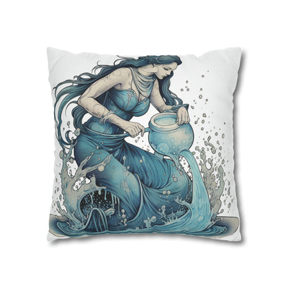 Aquarius Zodiac Symbol - Girl Pouring Water, Hand-Drawn Style - Spun Polyester Square Pillow Case