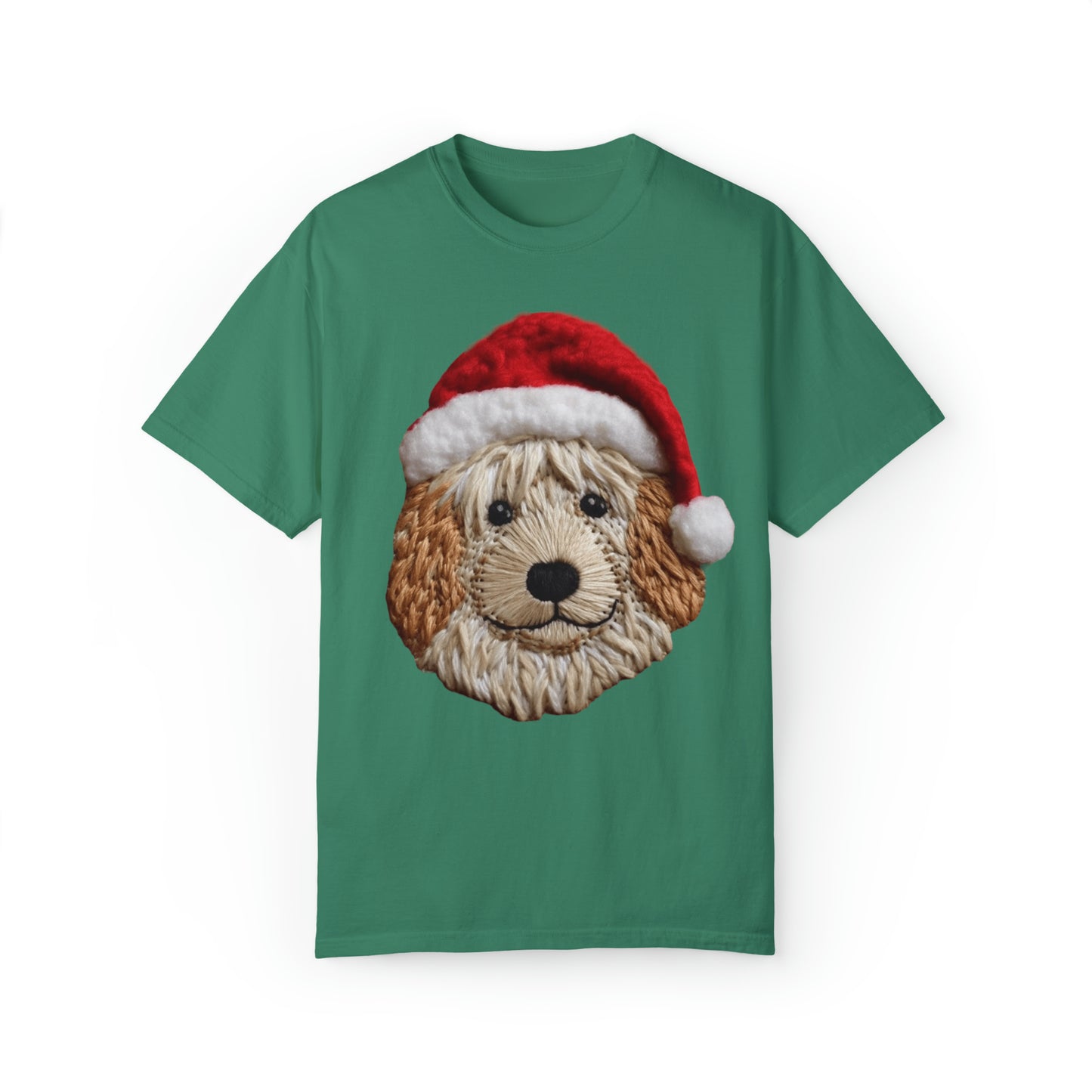 Chenille Dog Embroidered Patch - Christmas Puppy with Santa Hat - Unisex Garment-Dyed T-shirt