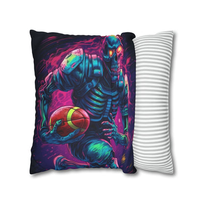 Spooky Football Game: Fantasy Skeleton Athlete Running with Ball, Sporty Halloween - Spun Polyester Square Pillow Case