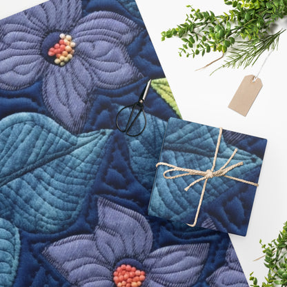 Floral Embroidery Blue: Denim-Inspired, Artisan-Crafted Flower Design - Wrapping Paper