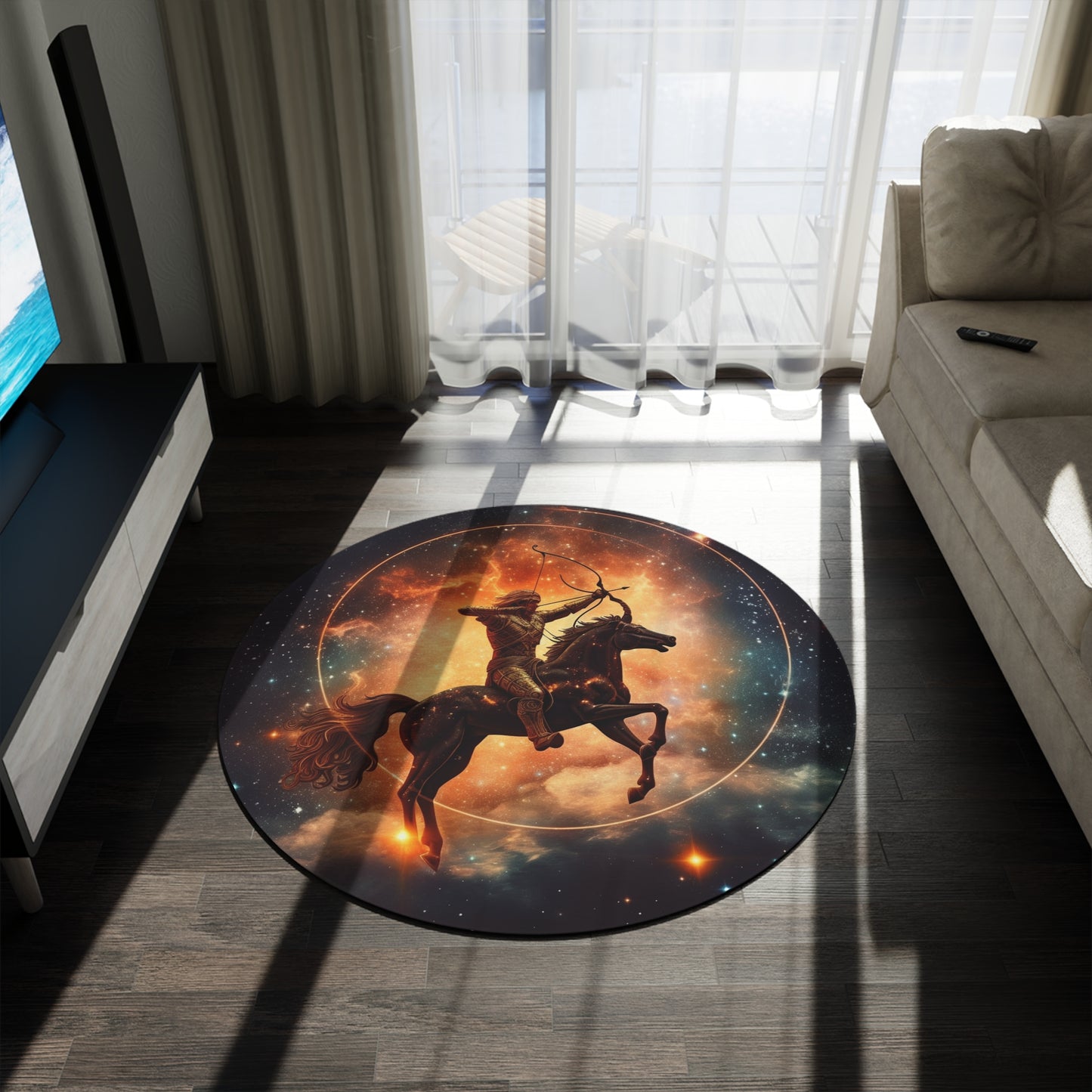 Sagittarius Constellation Totem - Archer in Action Zodiac Symbol - Round Rug