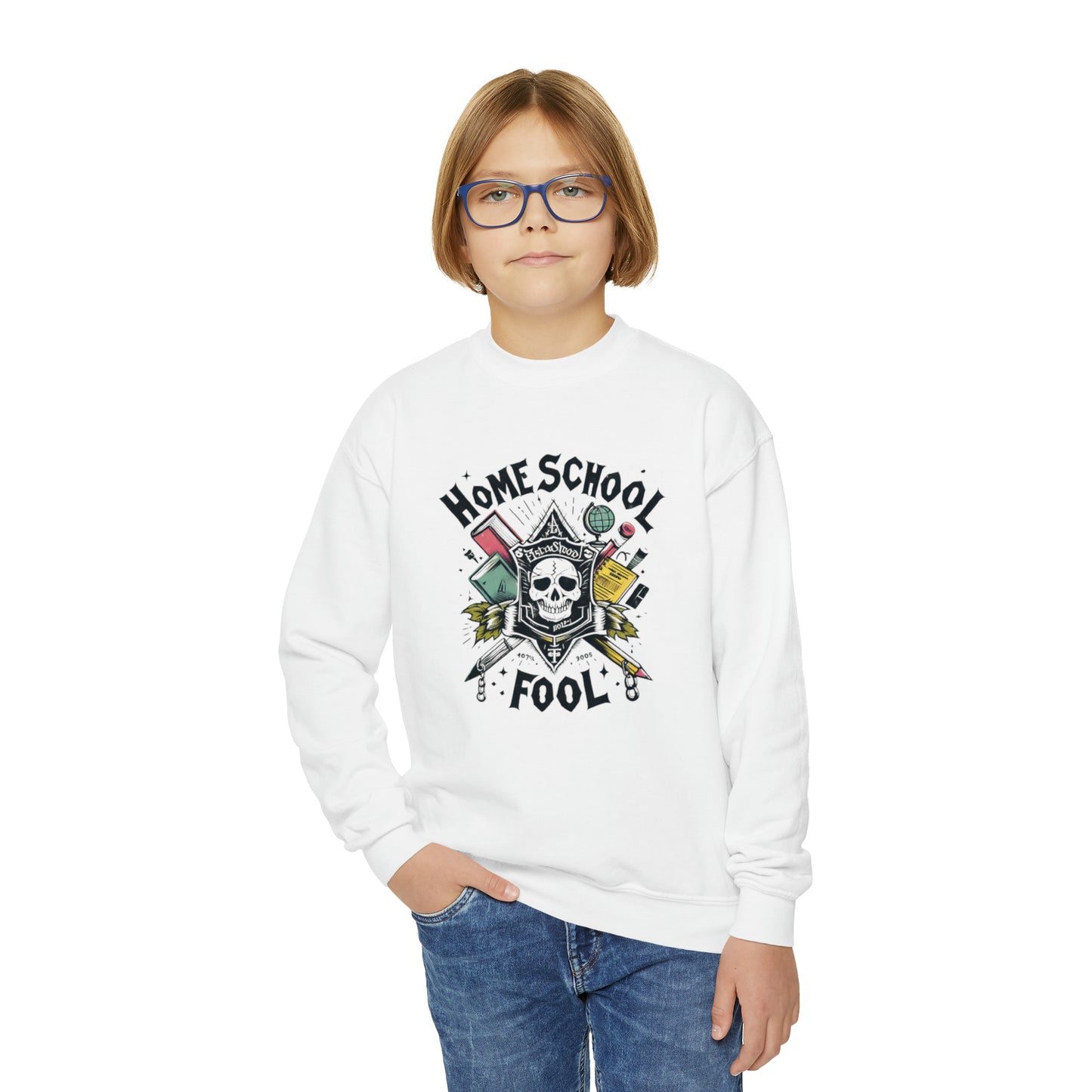 Home School Fool - Escudo académico de calavera con libros y globo terráqueo, emblema educativo, gótico académico - Sudadera juvenil con cuello redondo