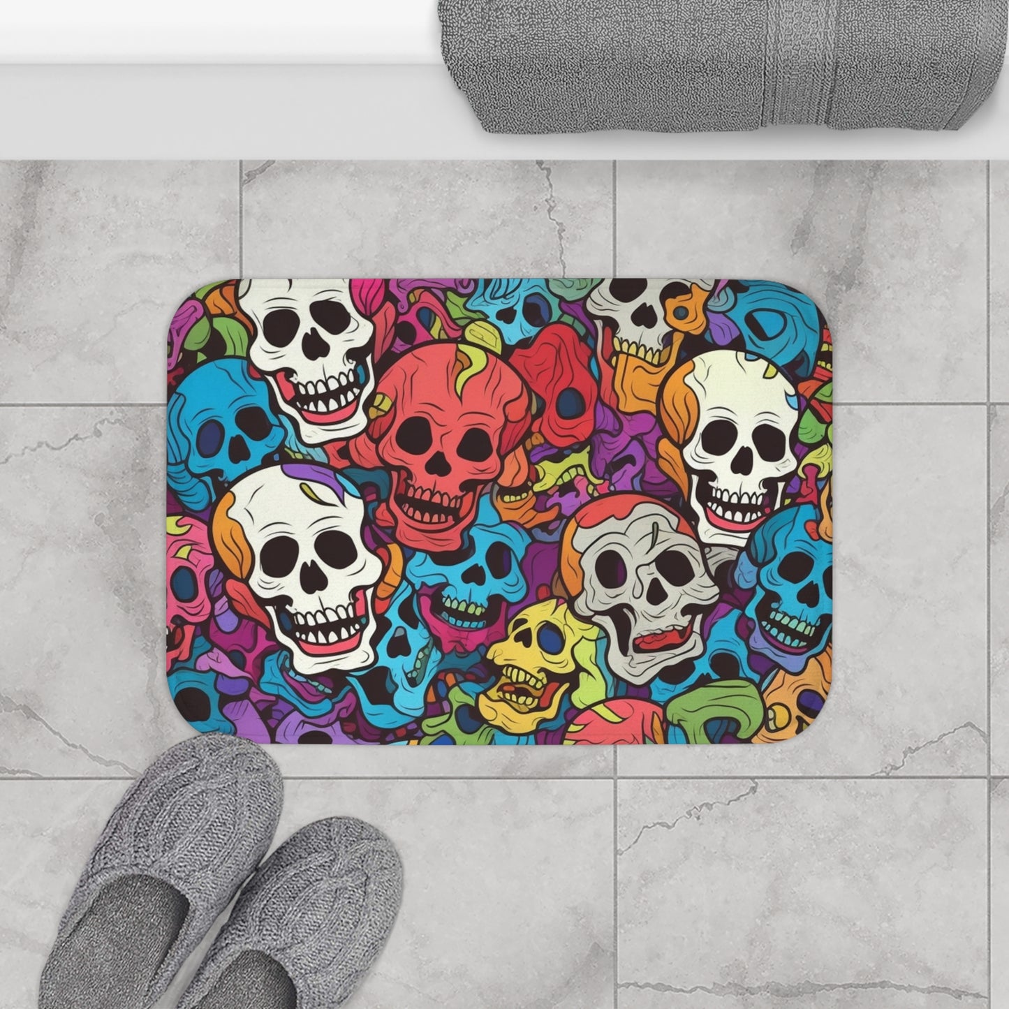 Patrón de cabeza de calavera de arco iris psicodélico, colores vibrantes - Alfombra de baño