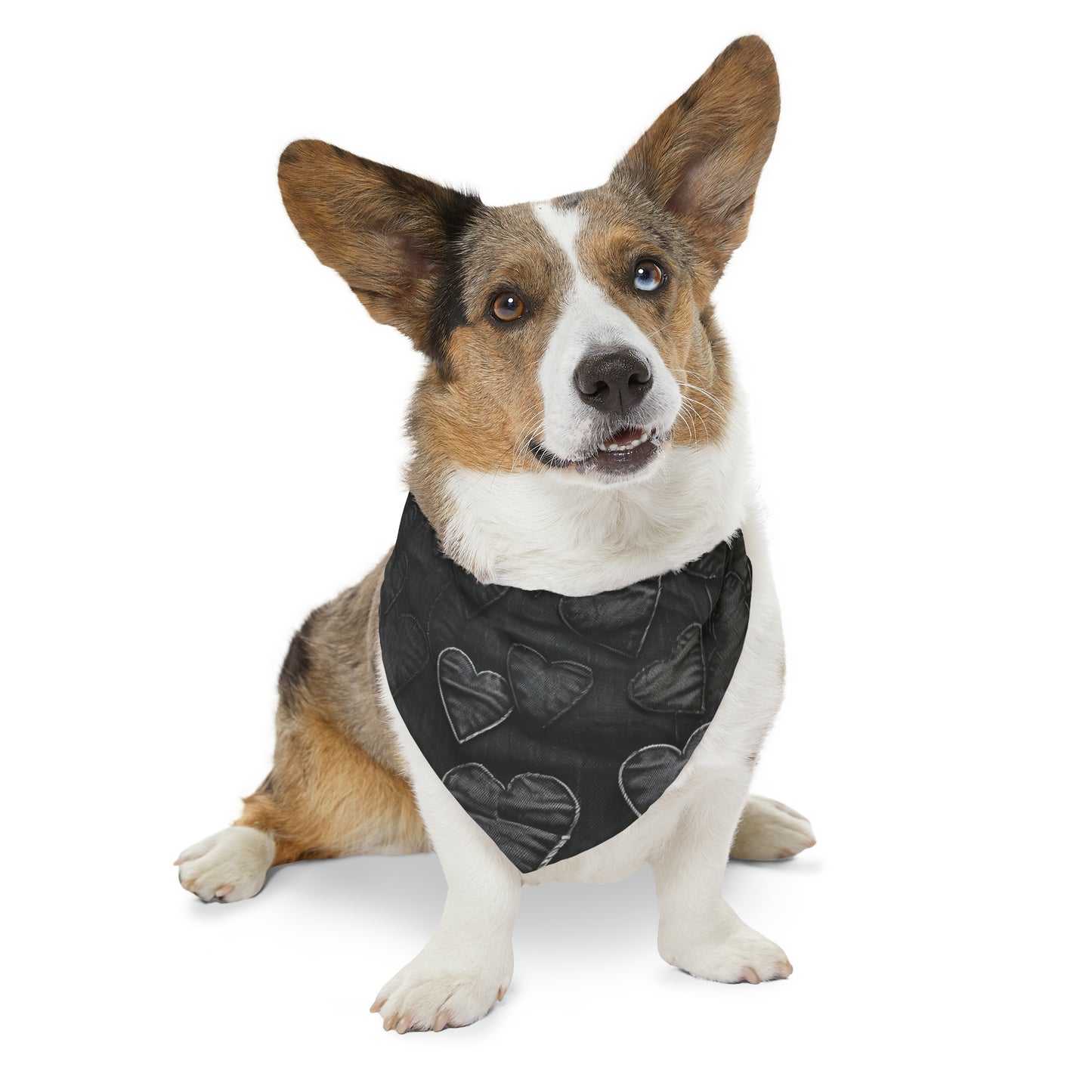 Black: Distressed Denim-Inspired Fabric Heart Embroidery Design - Dog & Pet Bandana Collar