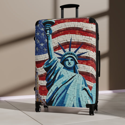 Patriotic Mosaic Artwork, Liberty Statue with Flag, Emblematic Freedom, Independence Day Mural, National Pride Abstract Tilework - Suitcase