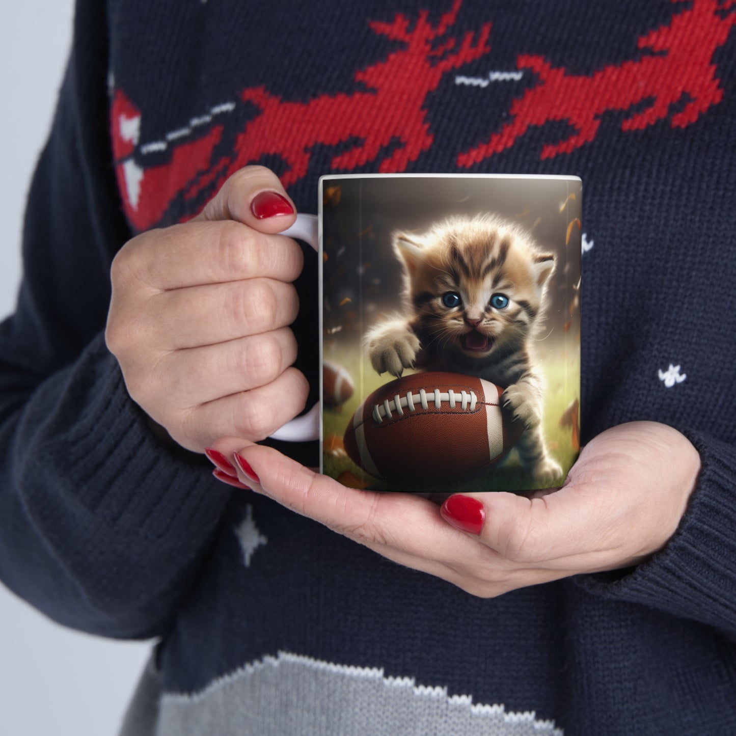 Football Kitten Touchdown: Tabby's Winning Play Sport Game - Ceramic Mug 11oz