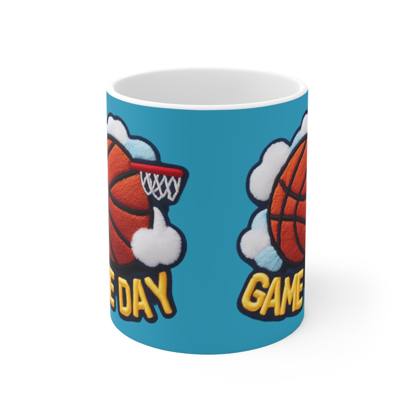 Diseño bordado con parche de chenilla de baloncesto del día del juego - Taza de cerámica de 11 oz 