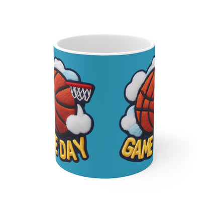 Diseño bordado con parche de chenilla de baloncesto del día del juego - Taza de cerámica de 11 oz 