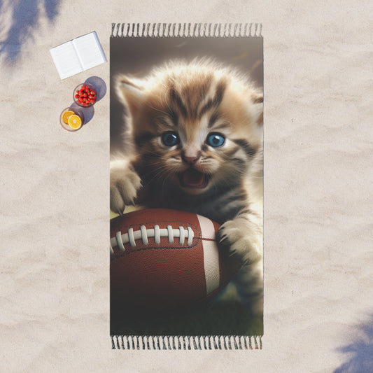 Football Kitten Touchdown: Tabby's Winning Play Sport Game - Boho Beach Cloth