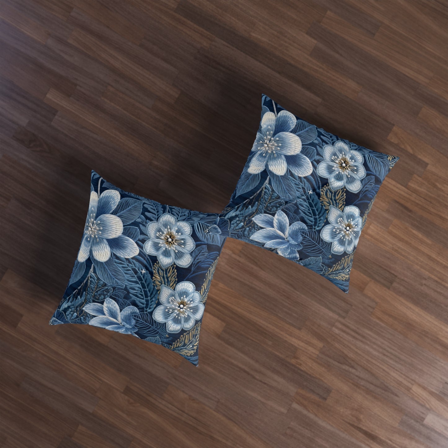 Flower Blossom Embroidery Floral on Denim Style - Tufted Floor Pillow, Square