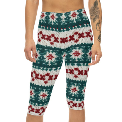 Vacaciones de ganchillo de punto navideño, patrón festivo de Navidad, temporada de invierno - Leggings capri para mujer (AOP)