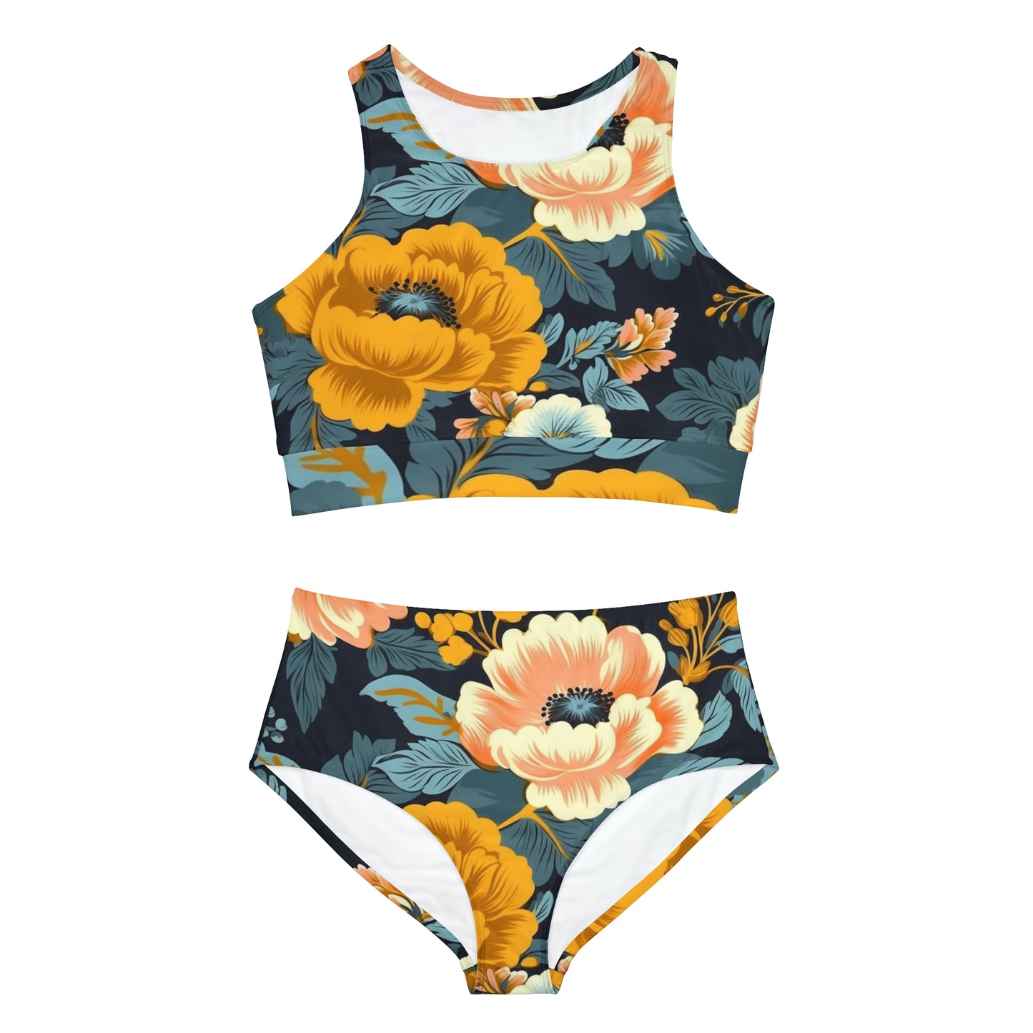 Vintage 50s 60s Inspired High-Waisted Floral Pattern Sporty Bikini Set (AOP)