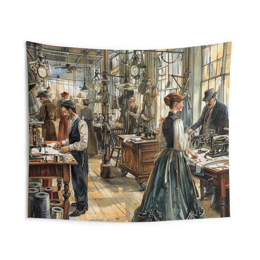 Victorian Sewing Room Tapestry: Vintage Tailor Workshop Art - Indoor Wall Tapestries