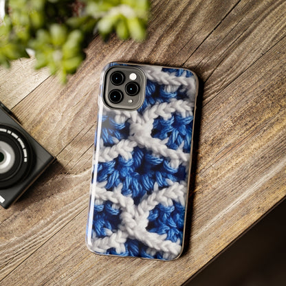 Blueberry Blue Crochet, White Accents, Classic Textured Pattern - Tough Phone Cases