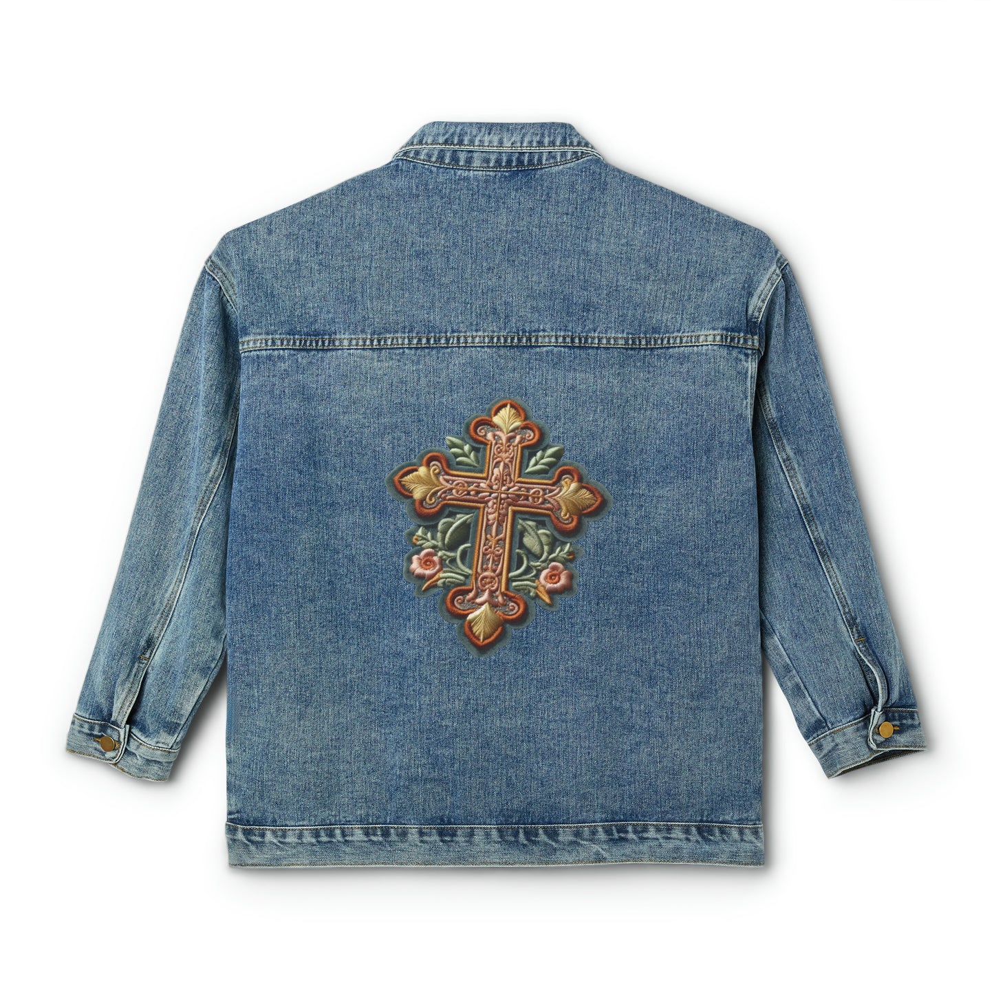 Christian Faith Cross, Chenille Patch Graphic, Women's Denim Jacket