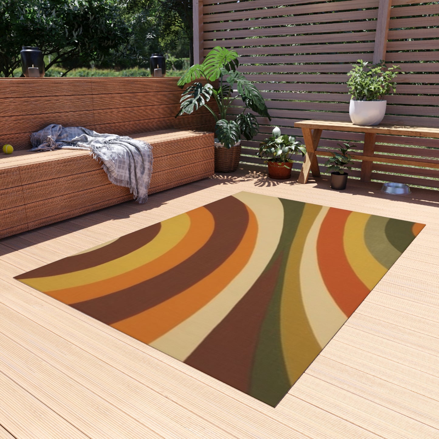 Groovy 1970s Mod-Inspired Outdoor Rug in Bold Orange, Green, Rust, Gold & Beige