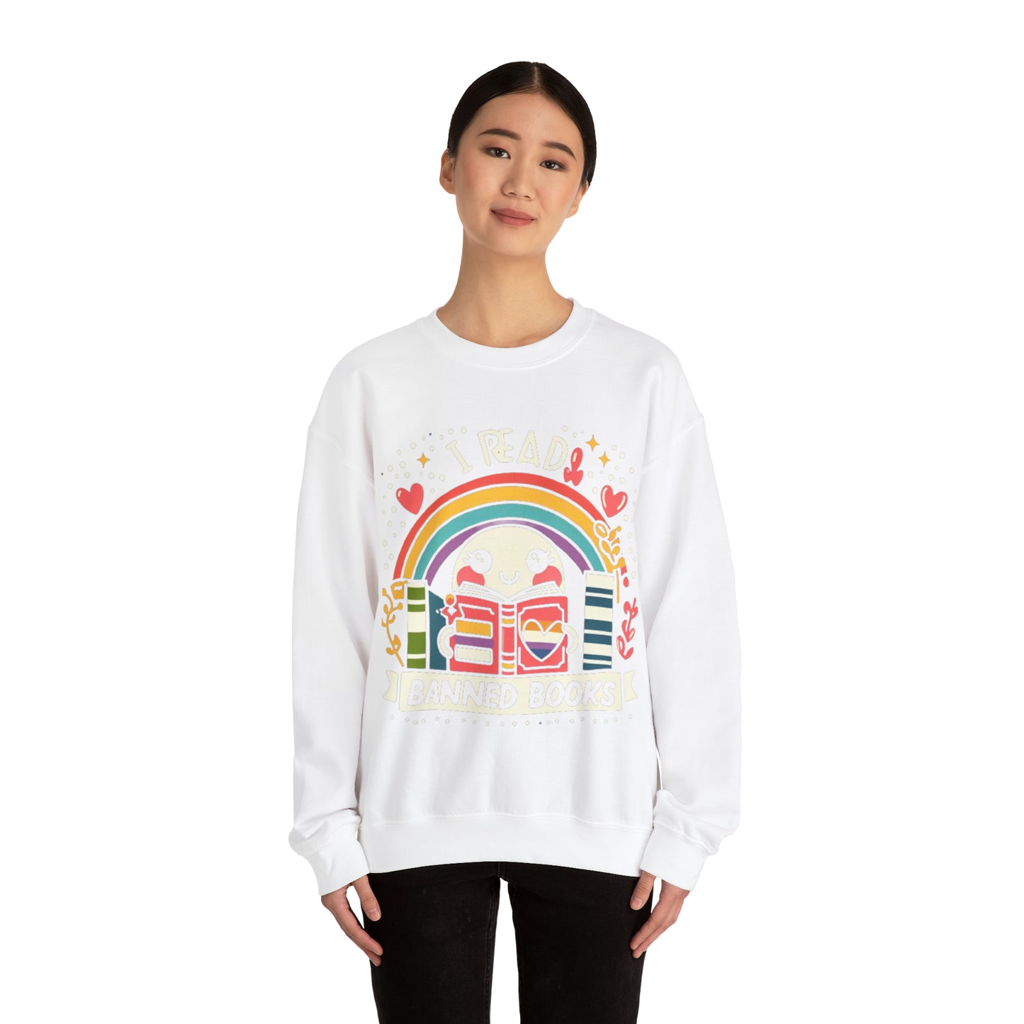 Leo libros prohibidos - Personaje alegre y arco iris - Sudadera unisex Heavy Blend™ Crewneck